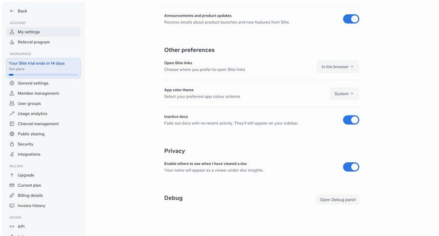 Slite
			 settings sidebar navigation account settings account deletion privacy settings sidebar preferences ui page example