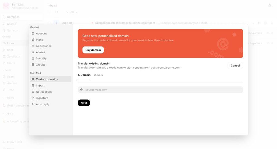 Skiff
			 settings form account setup account settings inbox buy credits sidebar ui page example