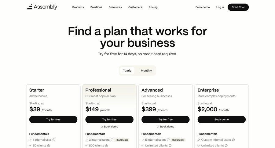 Assembly
			 enterprise plan saas pricing ui page example