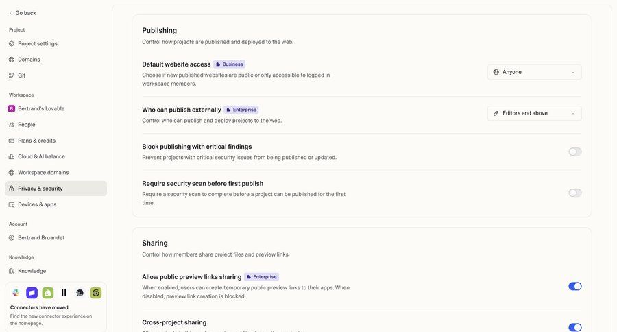 Lovable
			 privacy settings security configuration ui page example