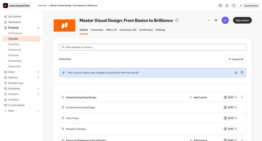 Kajabi
			 content management sidebar navigation content management system course creation sidebar detail view info view modern search bar accordion ui page example