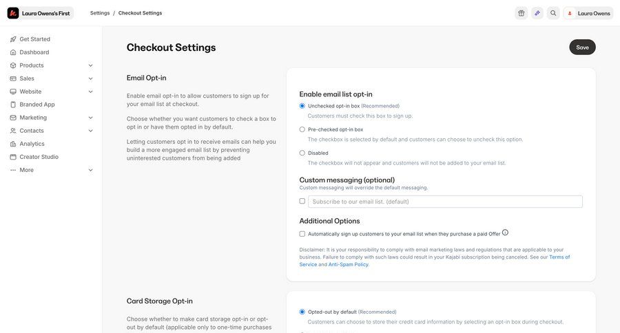 Kajabi
			 configuration settings e-commerce sidebar navigation form save changes sidebar email marketing data privacy ui page example