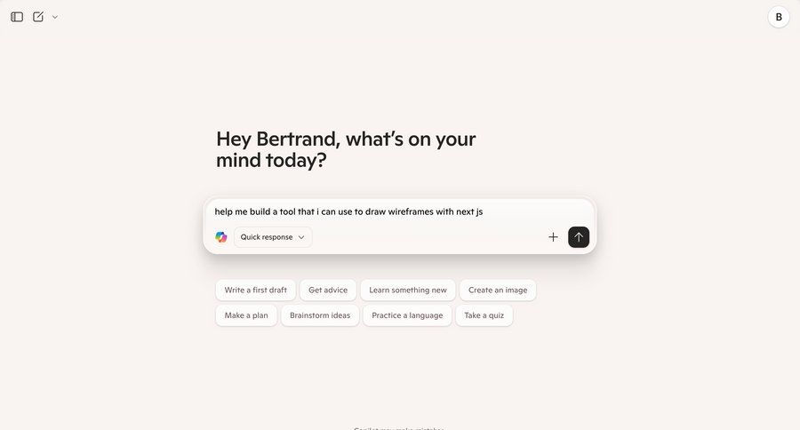 Copilot
			 artificial intelligence onboarding conversational ui chat interface conversational suggestion ui page example