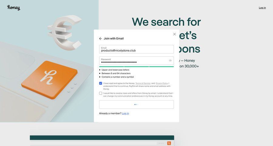 Honey
				signup page example