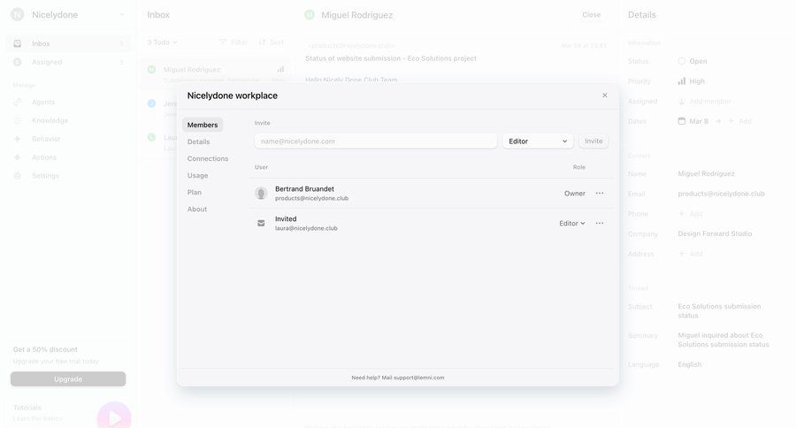 Lemni
			workspace settings collaboration settings user management onboarding form account setup user access control inbox call intelligence option menu ui page example