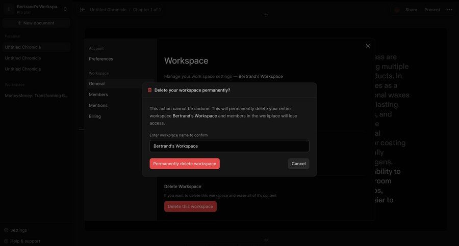 Chronicle
			 data management settings account management delete workspace settings confirmation workspace management account settings account deletion menu confirmation message ui page example