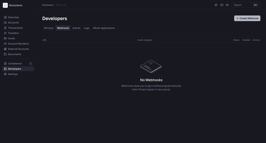Increase
			 configuration settings sidebar navigation fintech dark theme empty state illustration sidebar blank state void blank non-ideal state empty page prompt create integration cards ui webhook management ui page example
