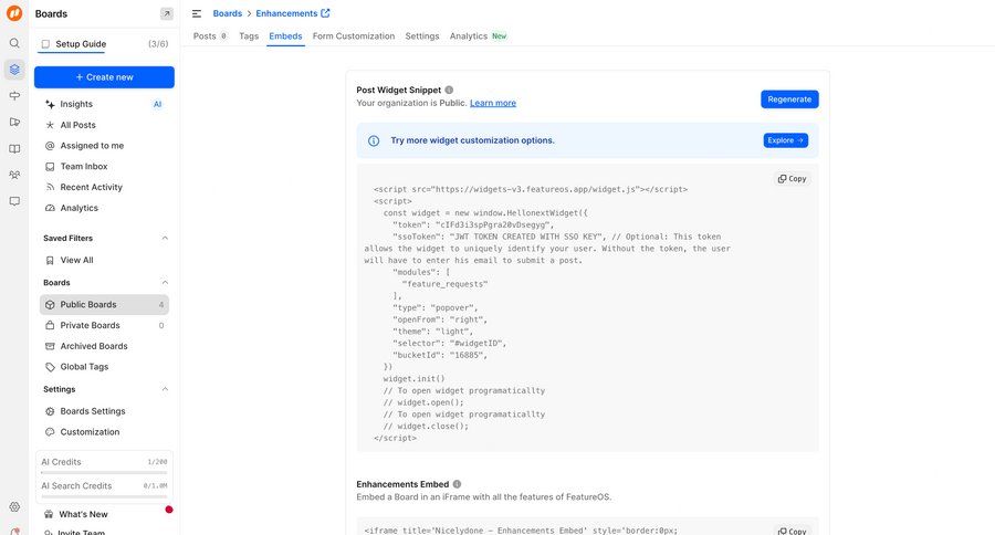 FeatureOS
			settings api embed configuration settings sidebar navigation code snippet ui page example