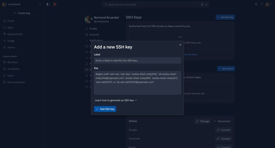 Replit
			 settings account management form account setup account settings authentication sidebar security parameters security configuration ui page example