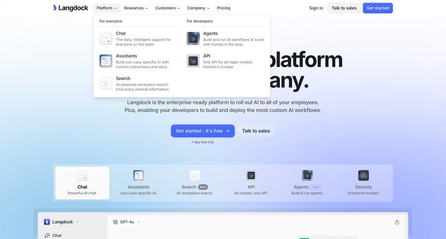 Langdock
			 homepage enterprise global search ui page example
