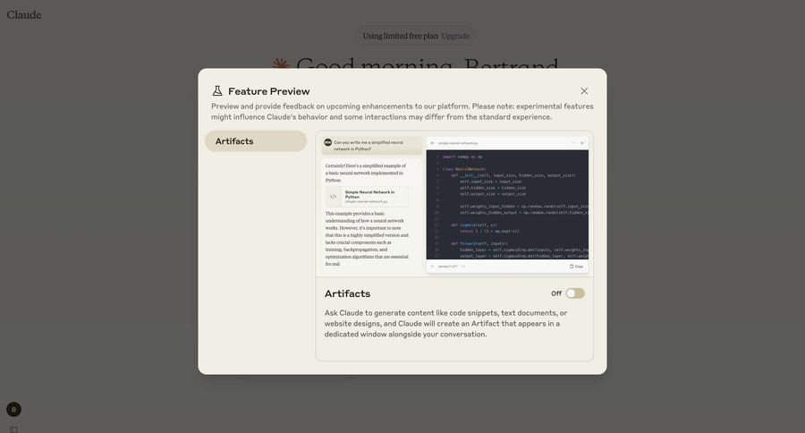 Claude
			 modal screen artificial intelligence machine learning free plan modern code snippet ui page example