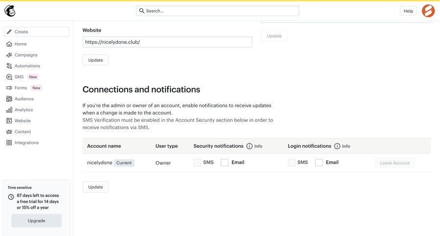 Mailchimp
			settings account settings notification settings user profile account management profile settings trial banner ui page example
