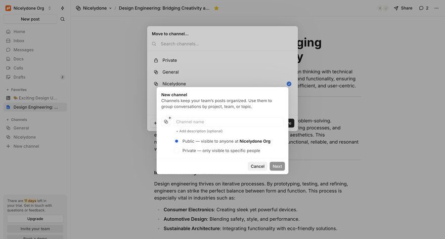 Campsite
			 modal screen collaboration dashboard sidebar navigation project management form project collaboration modal interaction channel management privacy settings upgrade modal radio group sidebar communication collaborators group members ui page example