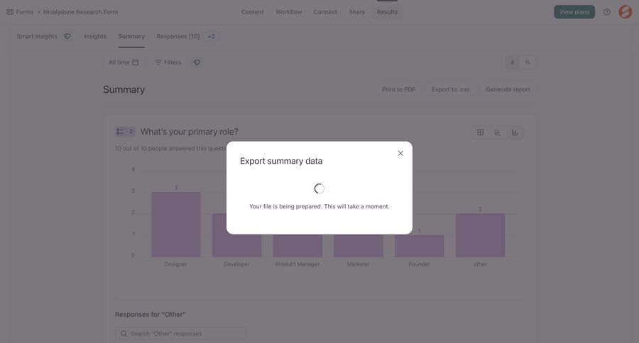 Typeform
			 data export analytics dashboard ui page example