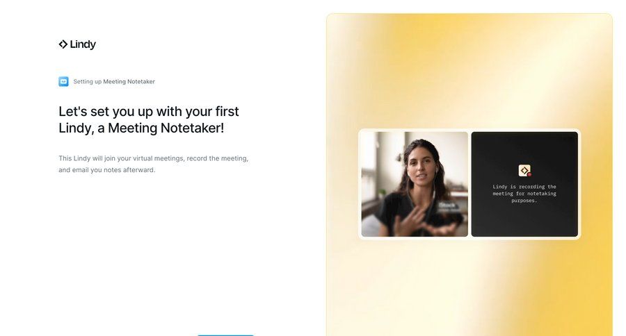 Lindy
			 onboarding automation full-screen layout content hierarchy setup meeting ui page example
