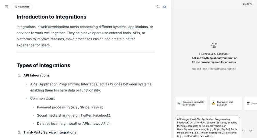 Hashnode
			 modal screen conversational ui integration markdown editor ui page example