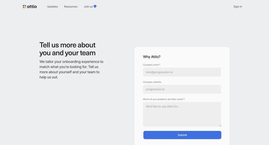 Attio
			signup waitlist account creation onboarding form layout form chrome extension ui page example