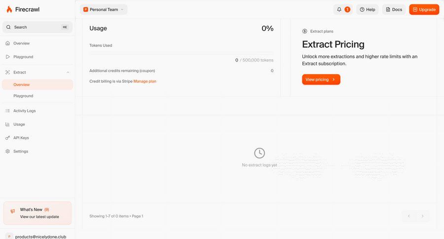 Firecrawl
			upgrade your account billing dashboard account management subscription management sidebar menu analytics ui page example