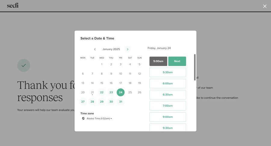 Secfi
			 modal screen form schedule modal finance date picker datepicker chonology time picker time selector timezone selector time management ui page example