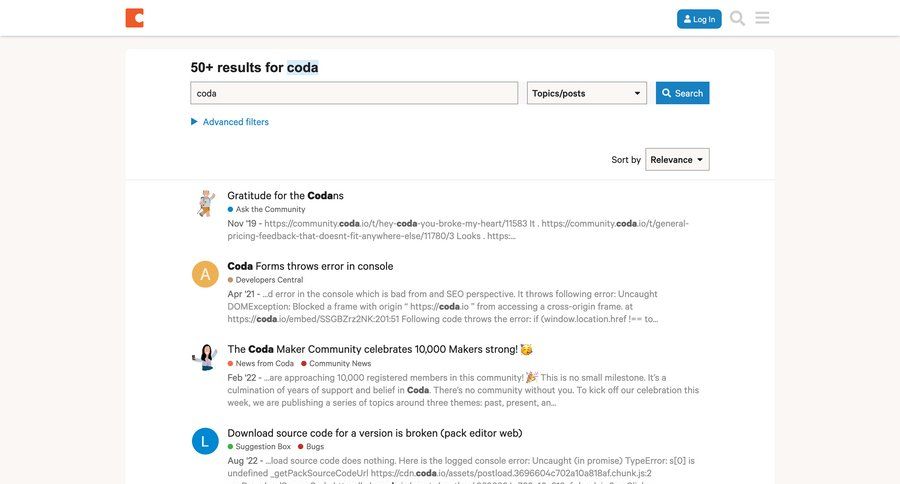 Coda
			 content discovery dropdown filters chrome extension research product update quick actions search bar bot builder search suggestions global search search results news feed option menu ui page example