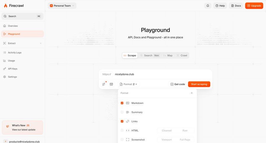 Firecrawl
			 configuration dashboard form full-screen layout data analytics ui page example
