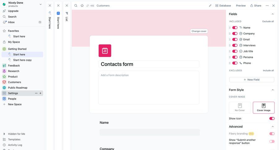 Fibery
			 data management configuration settings sidebar navigation form style customization form building sidebar modern ui page example