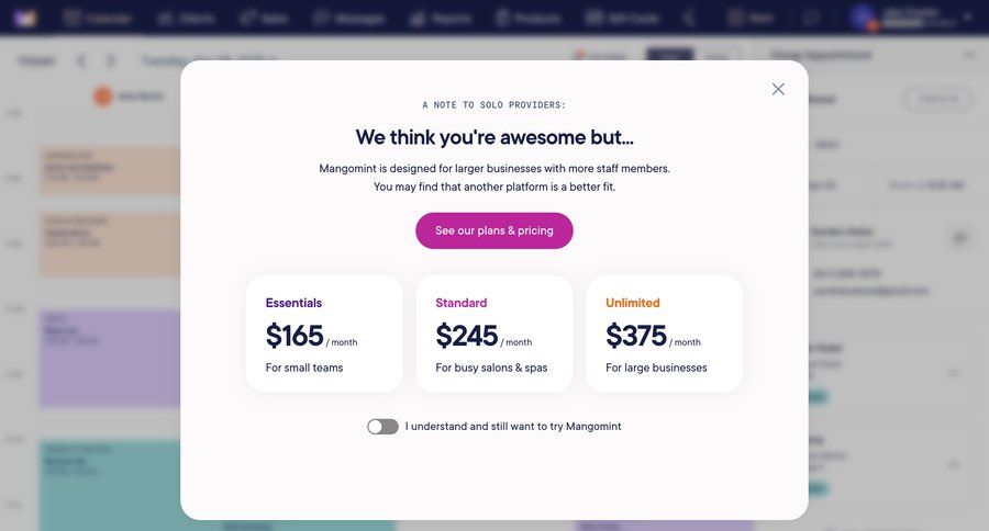 Mangomint
			plans & pricing (in app) modal & popover warning state modal screen onboarding plan comparison ui page example