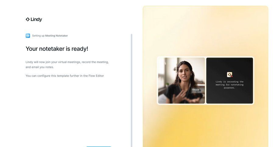 Lindy
			onboarding success state onboarding automation confirmation confirmation screen content hierarchy setup meeting confirmation message ui page example