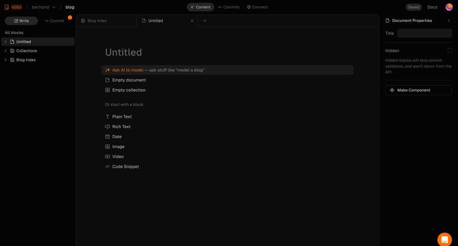 Basehub
			 content management editor document editing document management document creation dark theme ai assistance content blocks empty state illustration video editor blank state void blank non-ideal state empty page prompt menu rich text ui page example