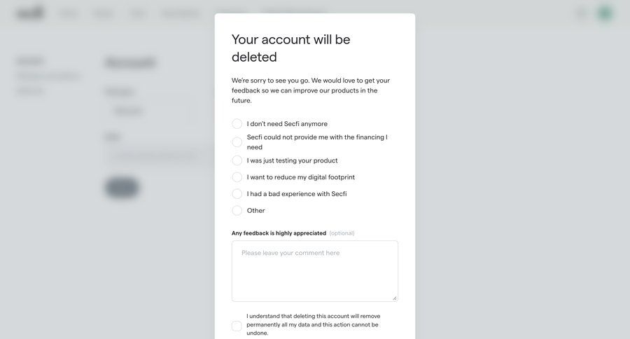 Secfi
			modal & popover delete account modal screen account management form fintech account security account settings account deletion feedback collection user feedback modal finance user user termination ui page example
