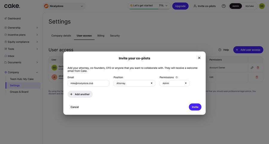 Cake
			 team management user access control settings modal ui page example