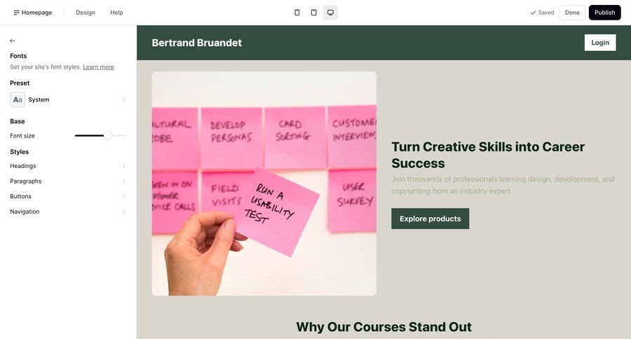 Podia
			 editor design customize typography sidebar career ui page example
