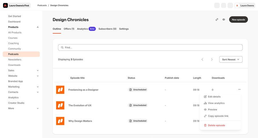 Kajabi
			 content management delete table headers sidebar menu table pagination ui page example