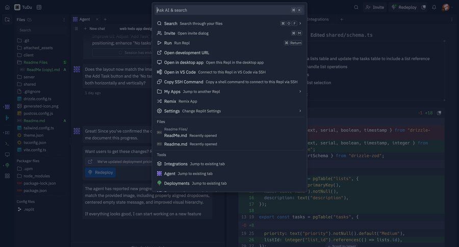 Replit
			command palette settings file management empty state illustration menu dark ui command k ui page example