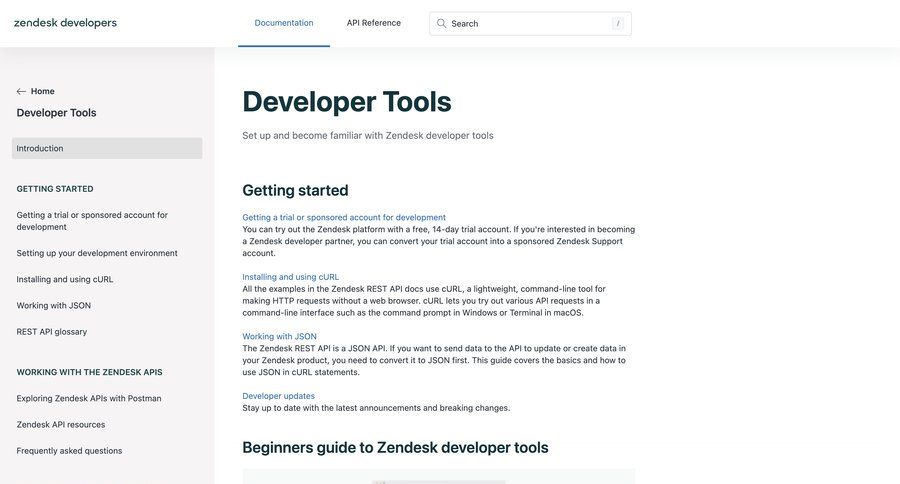 Zendesk
			 sidebar navigation content hierarchy getting started documentation docs pagination prompt completion developer portal ui page example