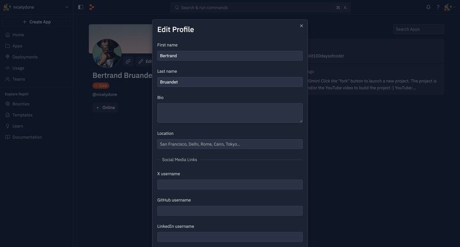 Replit
			 settings account management form user settings account settings user profile user user termination profile page edit mode profile creation ui page example