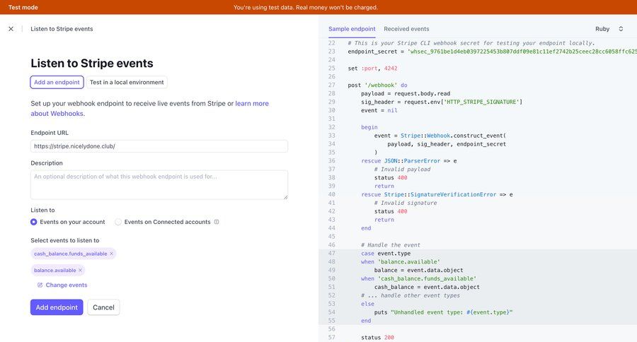 Stripe
			 configuration e-commerce form fintech setup code snippet event management ui page example