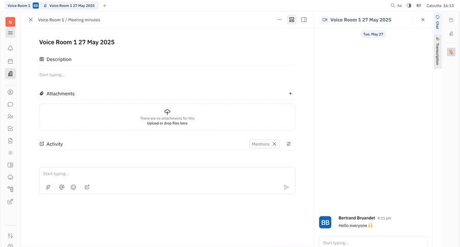 Huly
			 collaboration team collaboration sidebar navigation full-screen layout attachment sidebar communication chat upload file chat interface meeting live chat ui page example