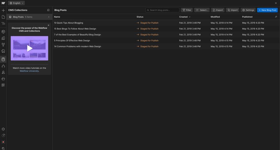 Webflow
			 modal screen content management sidebar navigation export dark theme blog management dropdown filters sidebar create folder quick actions table ui page example