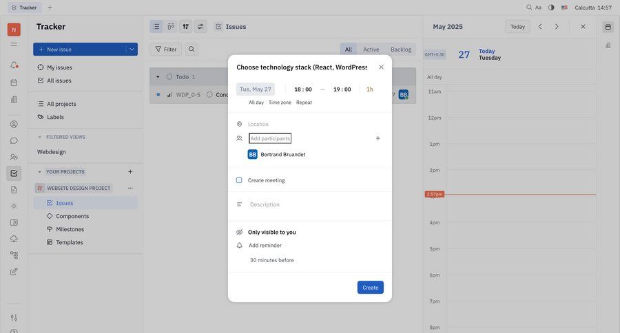 Huly
			 task management sidebar navigation project management schedule calendar screen sidebar ui page example