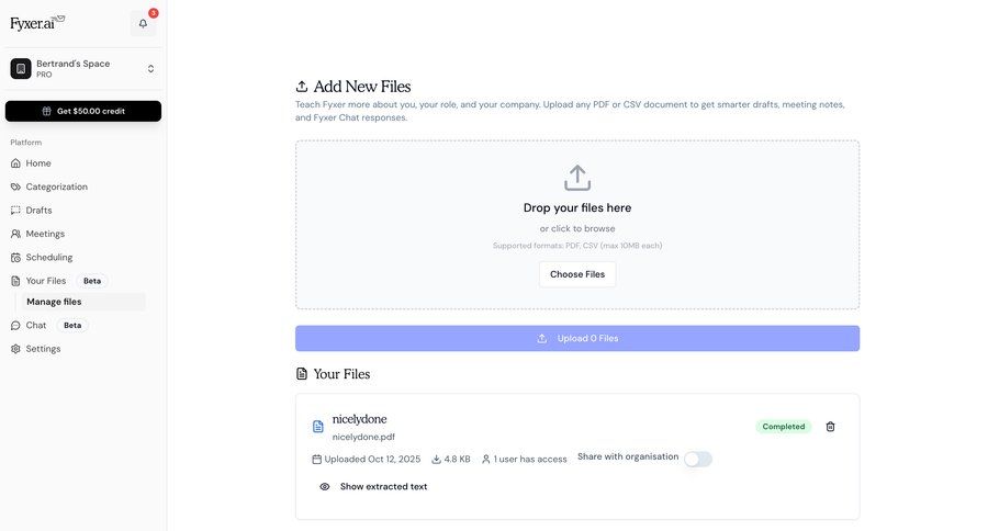 Fyxer
			 file upload drag and drop document management sidebar navigation knowledge base ui page example