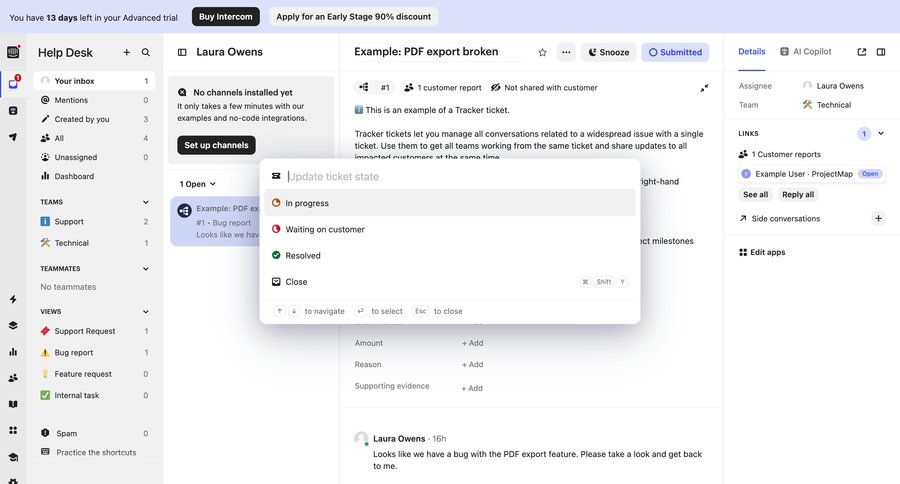 Intercom
			 modal screen sidebar navigation workflow automation issue tracking manage links dashboard notification alert message system notification push notification notification center keyboard shortcuts ui page example