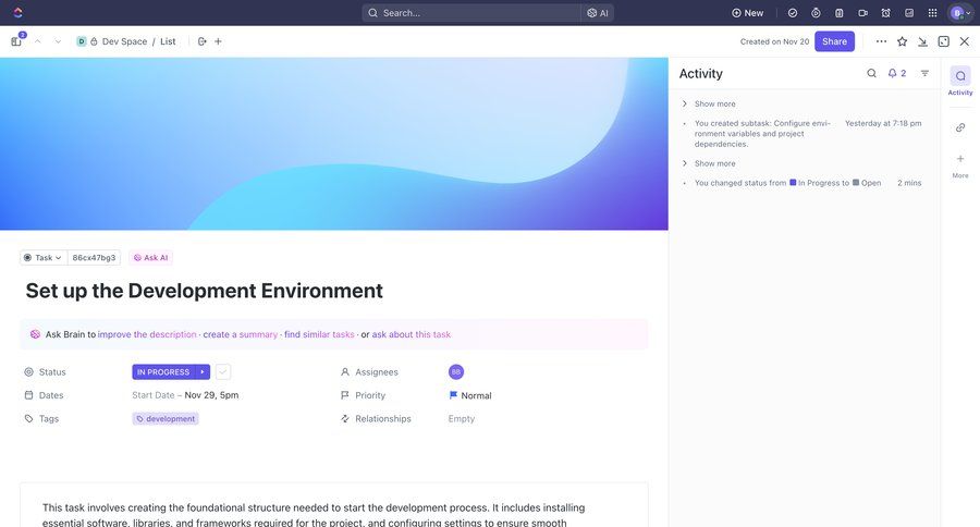 ClickUp
			 task management project management project collaboration ai assistance rounded corners sidebar detail view menu recent activity social feed newsfeed activity stream ui page example