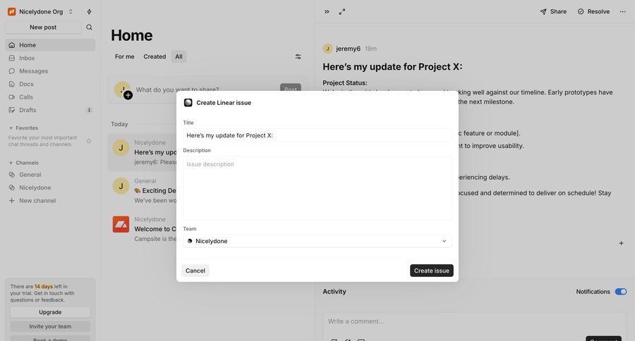 Campsite
			 task management modal screen collaboration team collaboration dashboard sidebar navigation project management form modal dialog issue tracking cancel action sidebar personal space recent activity social feed newsfeed activity stream ui page example