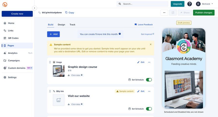 Bitly
			 content management dashboard schedule manage links sidebar alert lists create ui page example