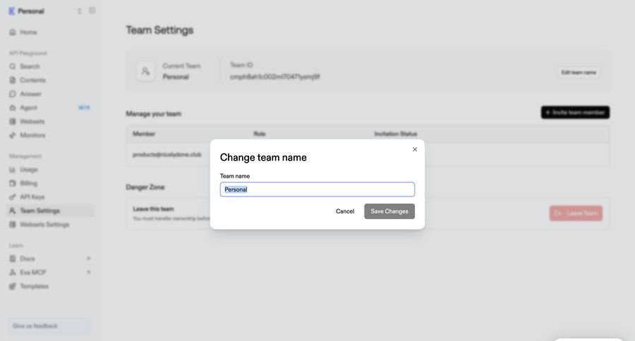 Exa
			 workspace settings settings modal team management ui page example