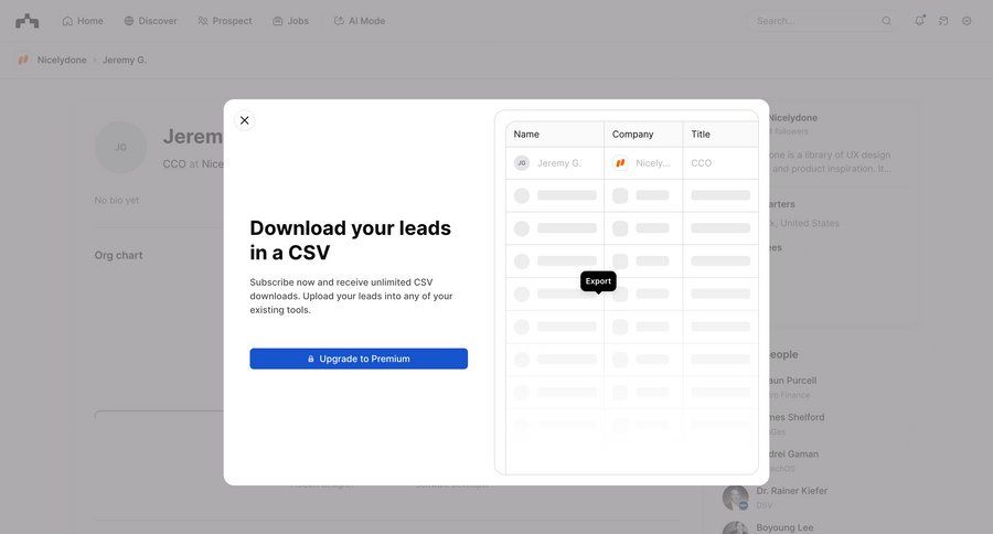 The org
			detail page modal & popover upgrade your account export data management grid data export call to action table ui page example