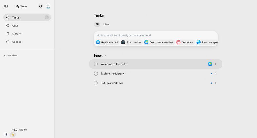 Cobot
			list onboarding messaging actions task management sidebar navigation inbox menu quick actions ui page example