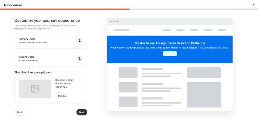 Kajabi
			 grid form file upload color selection course creation new create generate navigation buttons checkout screen ui page example
