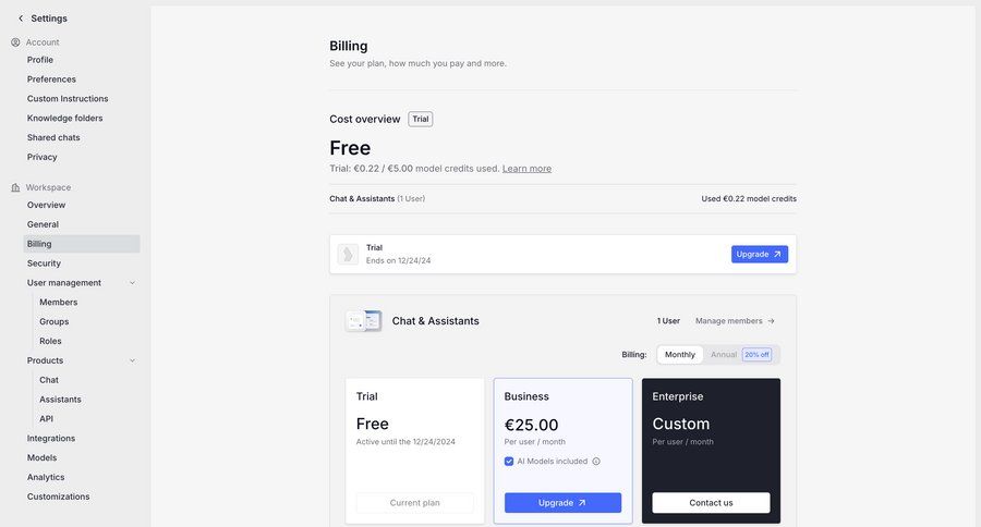 Langdock
			 settings sidebar navigation account management account settings subscription management plan comparison coming soon billing history sidebar modern pay bill enterprise settings ui page example
